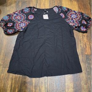 Emery Rose Blouse Peasant Top Colorful Sleeve‎ Accents Black Tunic L NWT